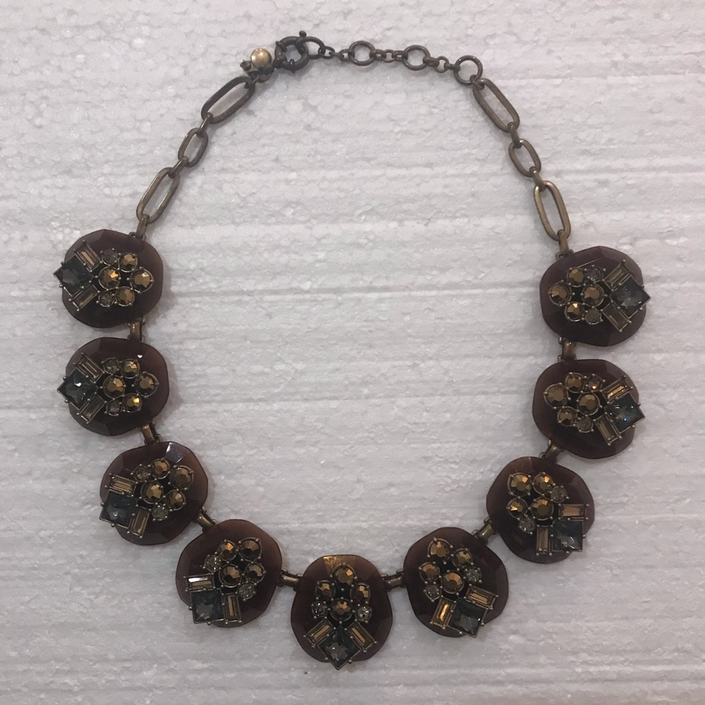 J.Crew Brown Caramel Bronze Gray Rhinestone Statement Necklace Adjustable Length